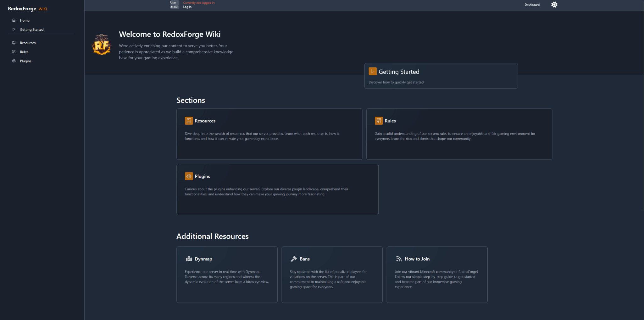 RedoxForge public wiki with navigation, resources, rules, plugins, and community links